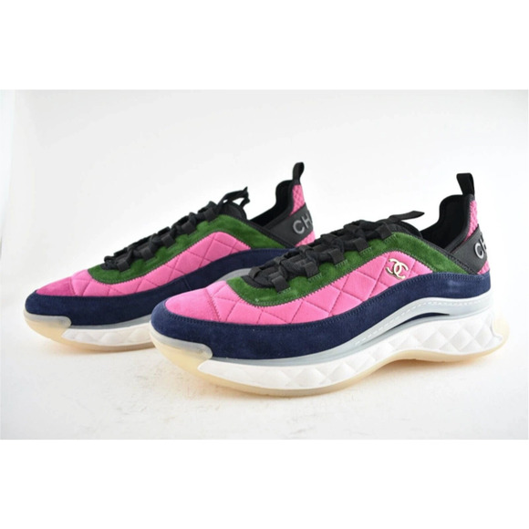 Chanel 21K Men Pink Blue Green White Black CC Logo Low Top Trainer Sneaker 45 12 - Picture 7 of 10